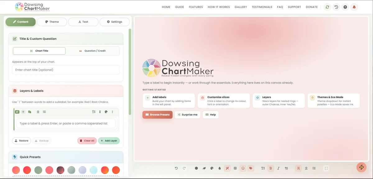The Dowsing Chart Maker Studio as it first opens: Content, Theme, Text and Settings tabs on the left, and the chart canvas with getting-started tips on the right