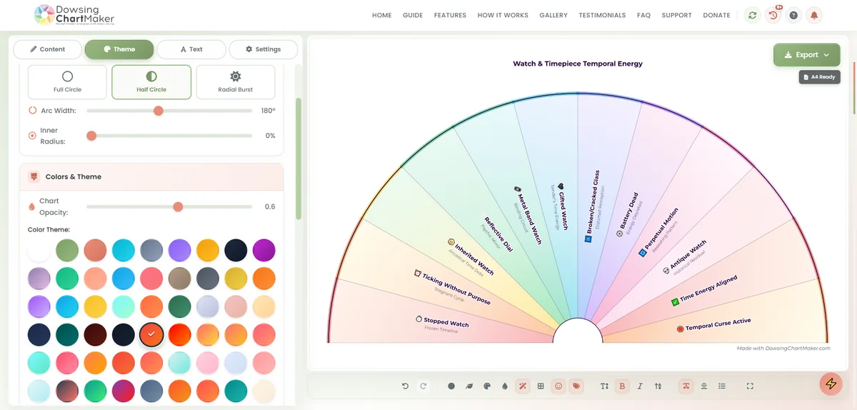 Dowsing Chart Maker studio with a finished half-circle pendulum chart on the canvas and the Theme tab open on the left